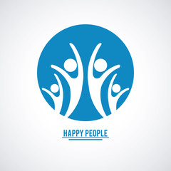 blue color teamwork happy people with four pictograms inside vector illustration