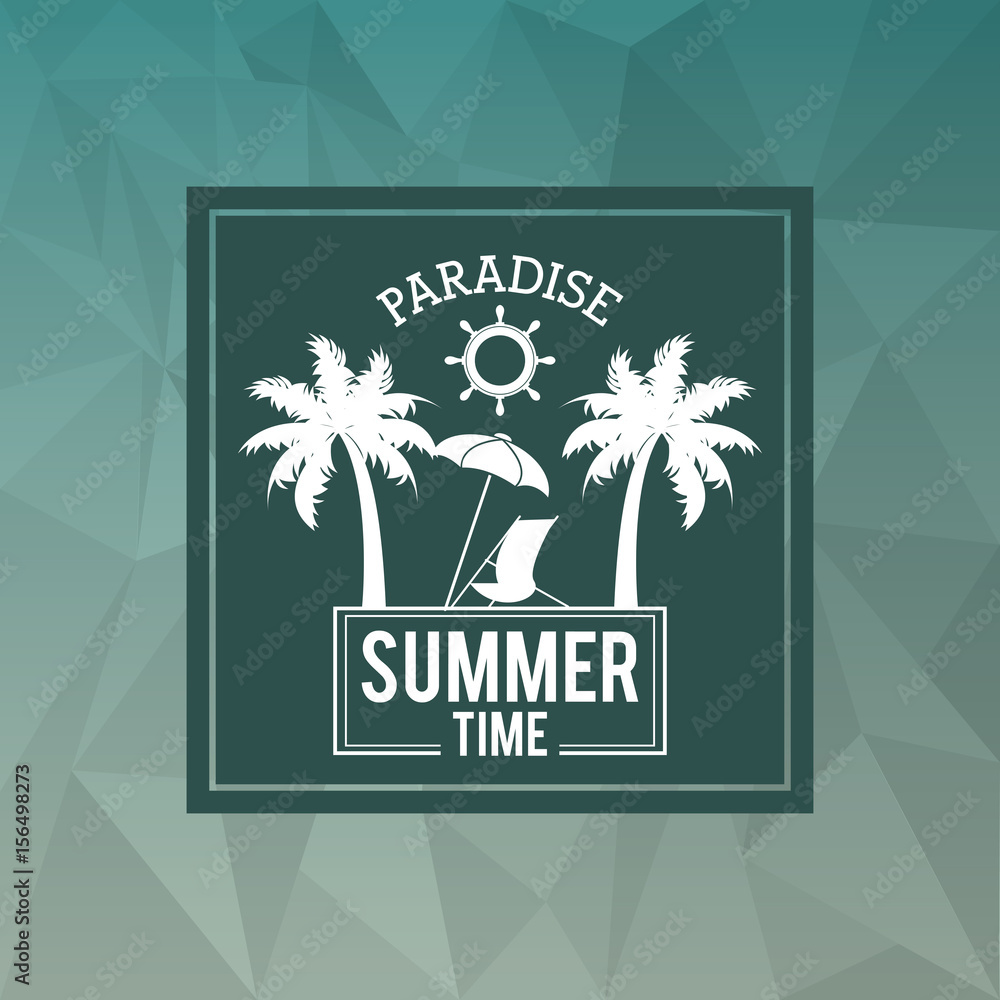 Poster abstract polygonal background with square frame of logo text paradise summer time with beach vector 