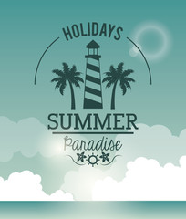 Fototapeta na wymiar poster sky ocean landscape of logo holidays summer paradise with lighthouse vector illustration