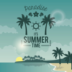blue color poster seaside with logo text paradise summer time vector illustration