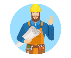 Worker holding the project plans and greeting someone with his hand raised up