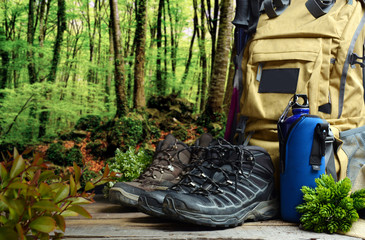 Backpack hiking with boots of mountain