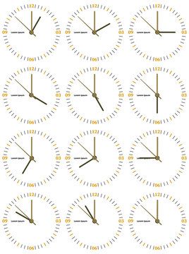 A set of mechanical clocks with an image of each of the twelve hours. Clock face on white background.
