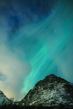 Picturesque Unique Nothern Lights Aurora Borealis Over Lofoten Islands in Nothern Part of Norway. Over the Polar Circle.