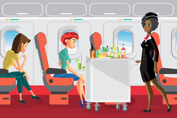 Passengers on the plane during the flight. Afro stewardess servi