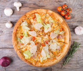 Chicken pizza on a white