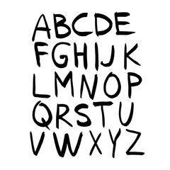 Slim hand drawn alphabet made with brush.Isolated letters  on a white background. Vector illustration.