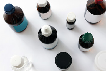 Medications in glass bottles. Medical concept background closeup