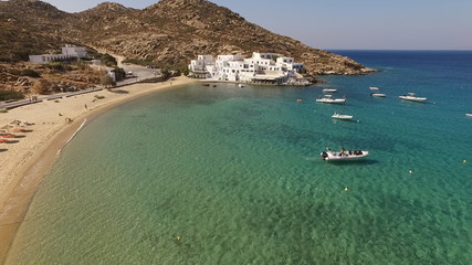 Obraz premium Aerial drone photo of Milopotas of Ios island, Cyclades, Greece
