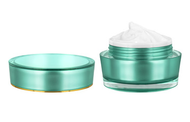 Luxury cosmetic face moisturizing smudged white cream for aged skin in open glossy turquoise can with matching lid, isolated on white background, clipping path included