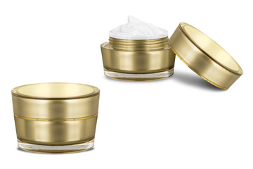 Luxury cosmetic face moisturizing white cream for aged skin in open and closed glossy golden can with matching lid, isolated on white background, clipping path included