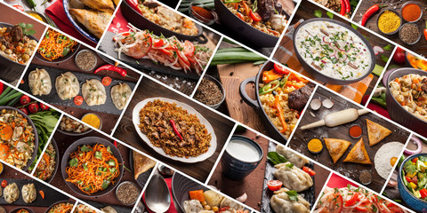 Traditional oriental, Uzbek cuisine, salad, chuchvara, pilaf, manti and samsa, a set of dishes made...