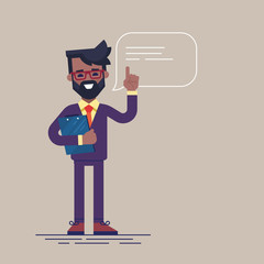 Handsome black businessman with beard and glasses raising up his finger to give advice or recommendation. Cute man speaking with speech bubble and holding clipboard. Colorful flat vector illustration.