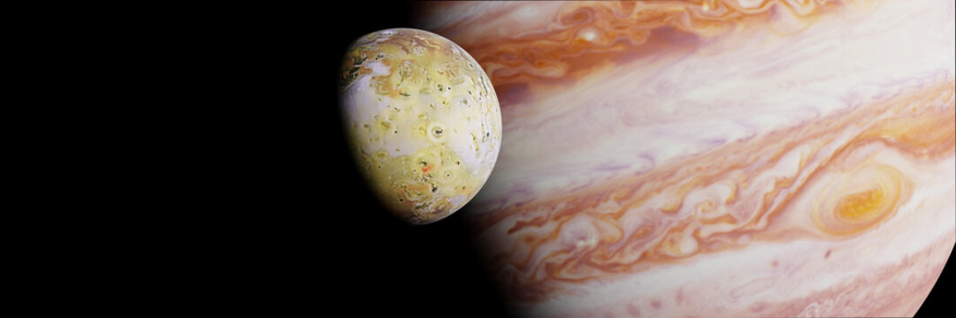 Jupiter's moon Io in front of the planet Jupiter