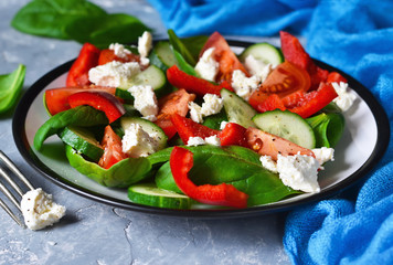 Vegetable salad with tomatoes, spinach and peppers on a concrete, gray background.