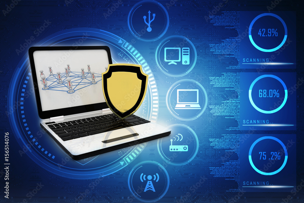 Poster 3d rendering laptop with shield