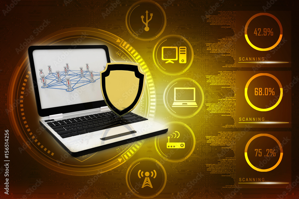 Poster 3d rendering laptop with shield