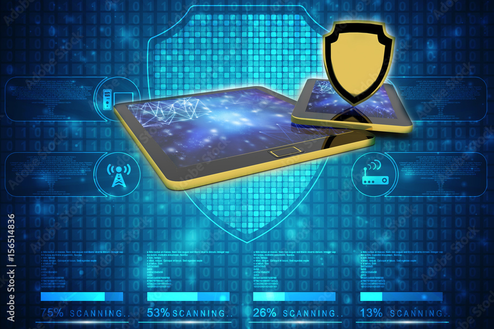 Poster 3d rendering tablet with shield
