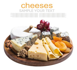 Assorted cheese with grapes and nuts isolated on white background. Text delete