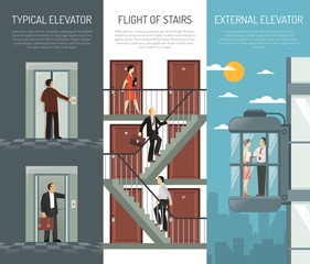 Elevator Escalator Stairs Vertical Banner Set © Macrovector