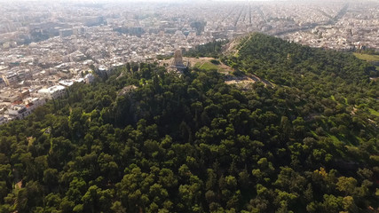 Aerial drone photo of Filopapos hill, Athens, Attica, Greece