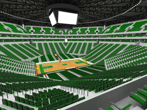 Beautiful modern sport arena for basketball with green chairs and VIP boxes for twenty thousand people