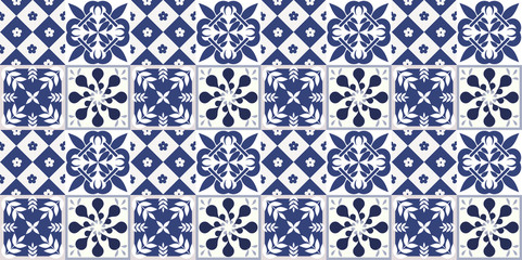 Fototapeta premium Blue Portuguese tiles pattern - Azulejos vector, fashion interior design tiles