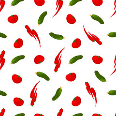 Cute seamless pattern made of sketched vegetables, carrots, chili peppers and cucumbers.