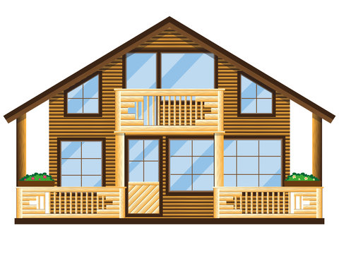 The facade of a wooden house with a balcony and veranda. Two-story building on a white background. Vector illustration.
