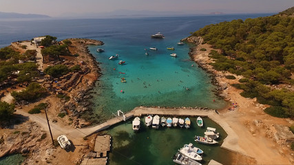 Aerial drone photo of Agistri island, Aponissos with turquoise waters, Saronic gulf, Greece