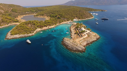 Aerial drone photo of Agistri island, Aponissos with turquoise waters, Saronic gulf, Greece
