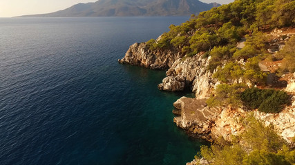 Aerial drone photo of Agistri island with clear waters, Saronic gulf, Greece