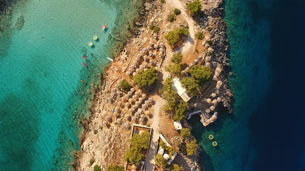 Aerial drone photo of Agistri island with clear waters, Saronic gulf, Greece