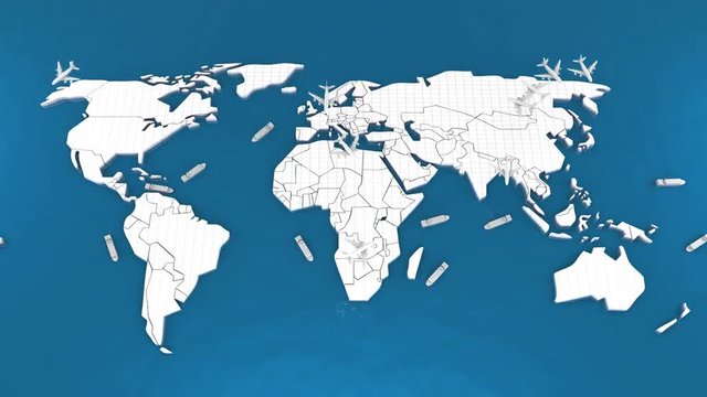 3D animation Simulator world map showing shipping routes. And flying Airplane.