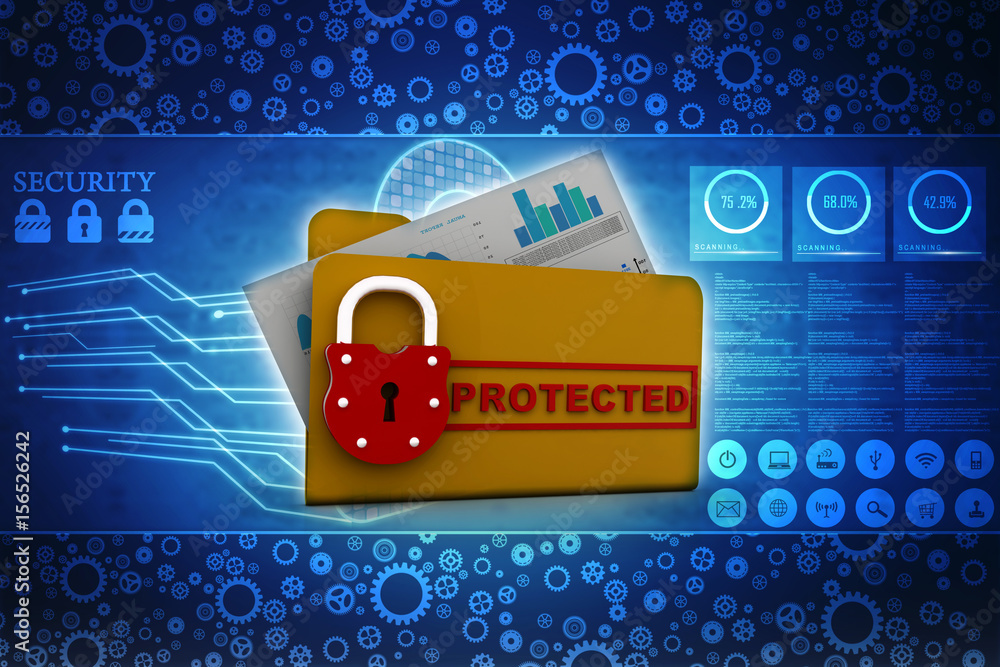 Poster yellow folder and lock. data security concept. 3d rendering