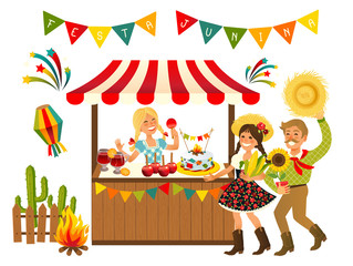 Obraz na płótnie Canvas Tent Festa Junina Brazilian Apple Candy- June Party Festival. Vector Illustration.