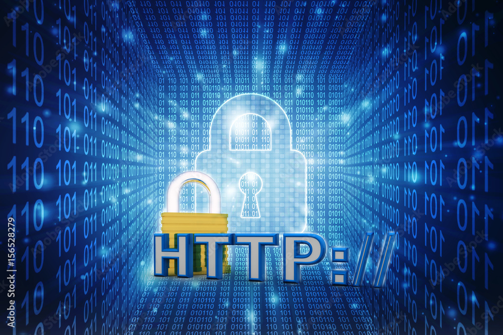 Poster 3d illustration network community concept . lock with http sign