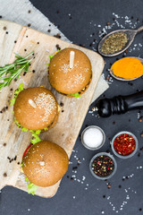Fototapeta na wymiar Three beef burger craft on a wooden board on stone pavement, spices, rosemary, pepper, rock salt, turmeric, chili, dried basil, fast food, fashion, colorful
