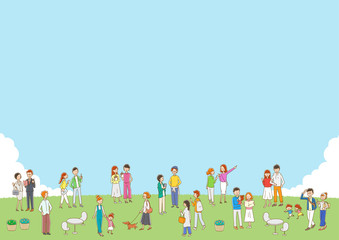 広場と若い人々のイラスト