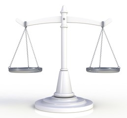 White scales justice isolated on white background, 3D rendering