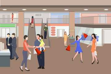 Fototapeta premium Shopping in a mall cartoon illustration. Silhouettes of people in shopping center. Vector illustration. Men and women with packages. 