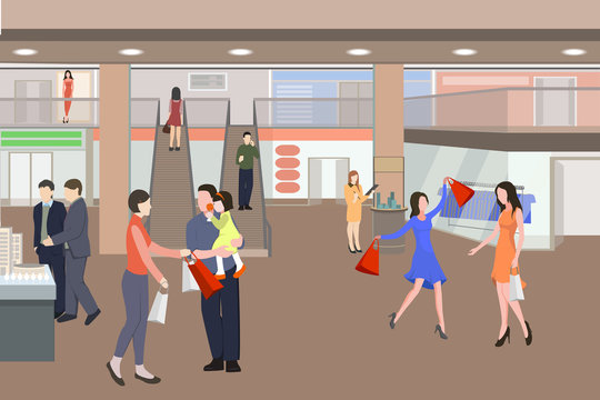 Shopping in a mall cartoon illustration. Silhouettes of people in shopping center. Vector illustration. Men and women with packages. 
