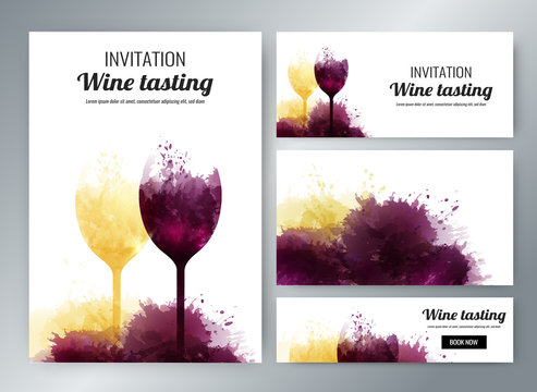 wine glasses with background stains. Promotion cards and banners