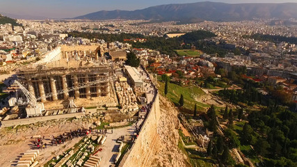 Fototapeta na wymiar Aerial drone photo of Acropolis and the Pathenon, Athens historic centre, Attica, Greece