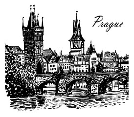 Drawing cityscape view of the towers of the old city of Prague and Charles Bridge, sketch of hand-drawn graphics ink vector illustration