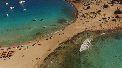 Aerial drone photo of Elafonisos beach with turquoise clear waters, Peloponnese, Greece