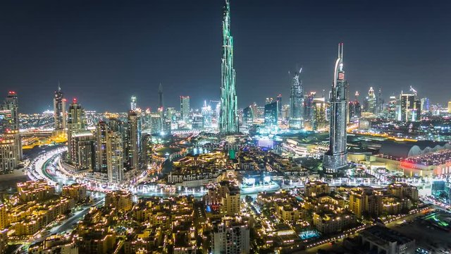 Dubai Downtown at night timelapse view from the top in Dubai, United Arab Emirates