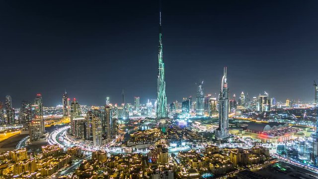 Dubai Downtown at night timelapse view from the top in Dubai, United Arab Emirates
