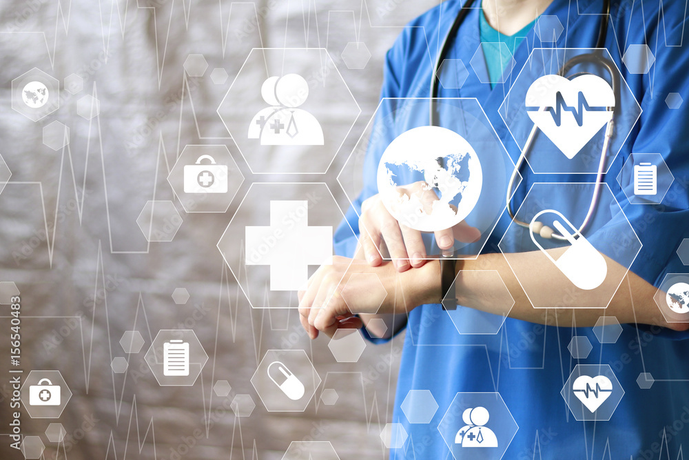 Poster medicine doctor hand working with modern web computer interface map