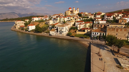 Aerial drone video of traditional village of Galaxidi, Fokida, Greece